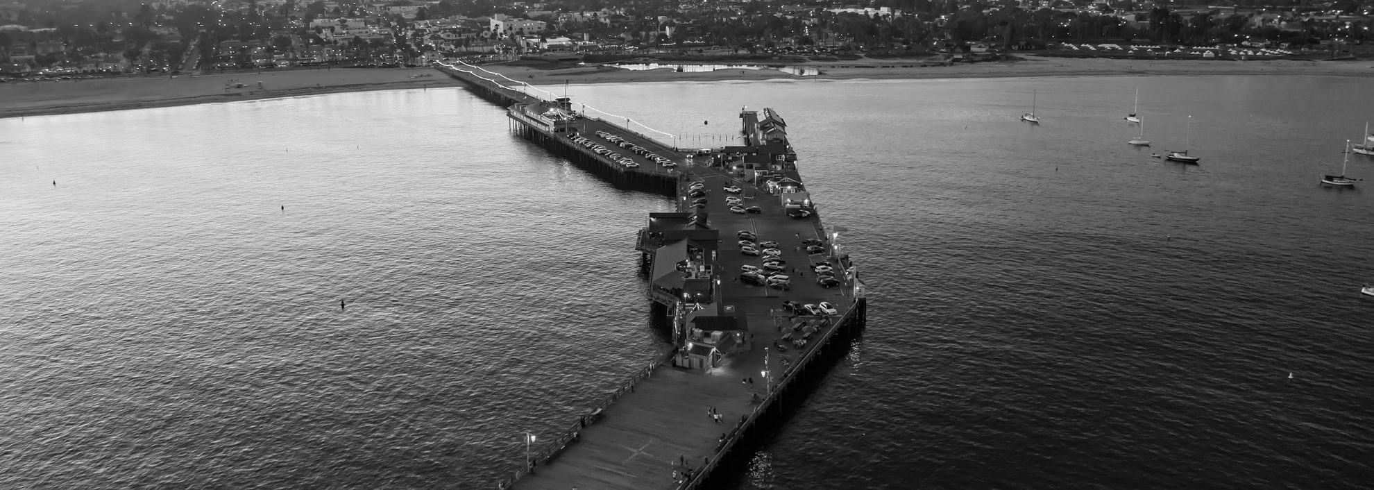 Black and white image of the Santa Barbara pier