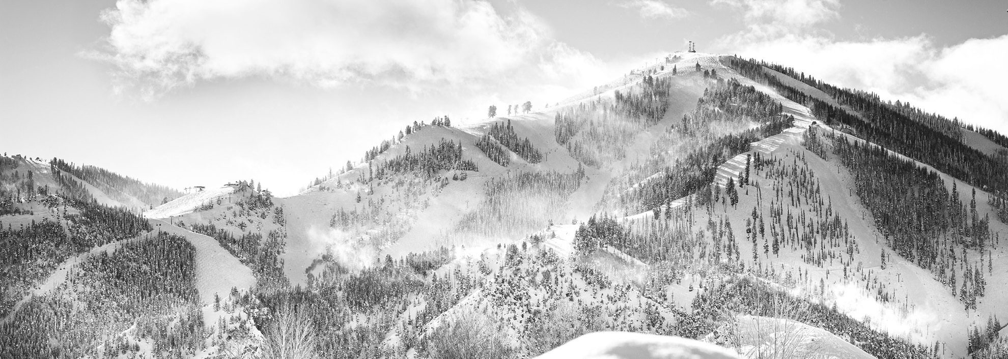 Black and white image of a snowy mountain in Idaho